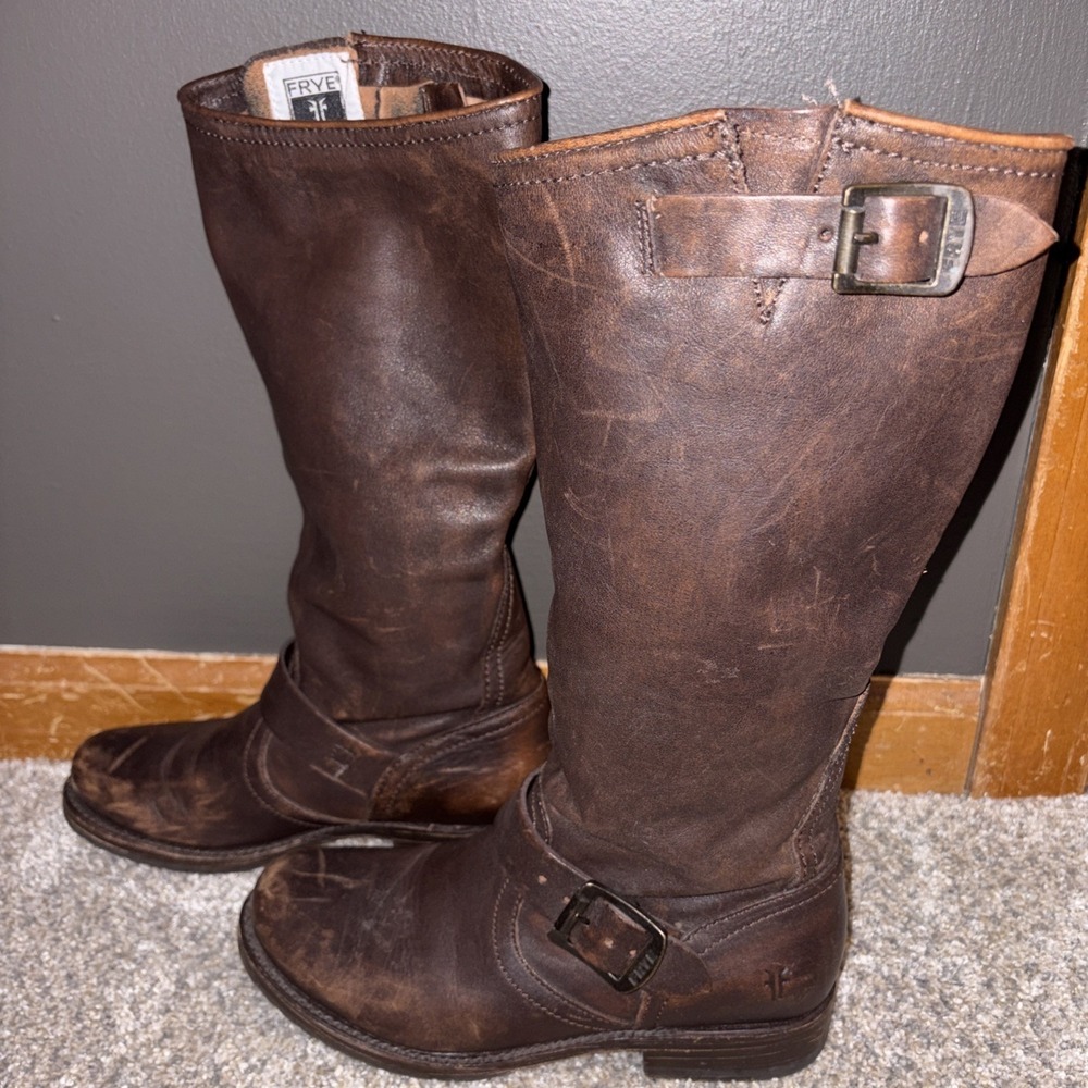 Women's 6B Frye Veronica 77609 Brown Leather Motorcycle Knee High Boots Harness